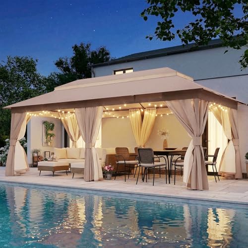 LAUSAINT HOME 10'x20' Outdoor Patio Gazebo with 100FT String Lights, Heavy Duty Party Tent & Shelter with Double Roofs, Mosquito Nettings and Privacy Screens for Backyard, Garden, Deck (Khaki) - color: Khaki, size: 10'x20' with lights