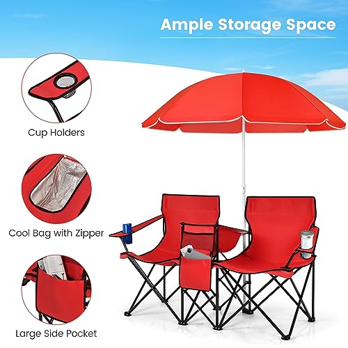 Double Camping Chair, 2-Person Portable Beach Chair w/Removable Umbrella, Cup Holders & Carrying Bag, Folding Loveseat Chairs for Adults Outdoor Picnic (Red) - color: Red