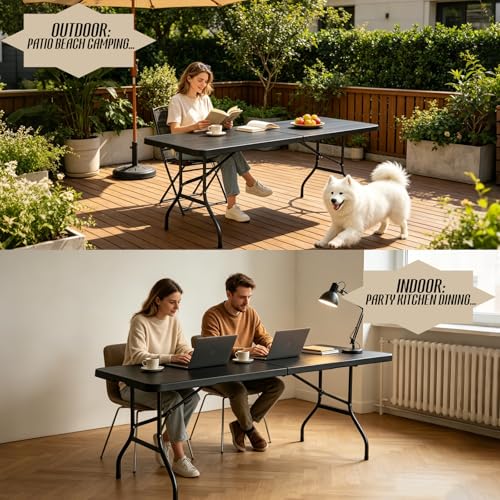 Portable Plastic Folding Table 4ft/6ft/8ft Heavy Duty White Black Picnic Dining Table Fold-in-Half for Camp Party Kitchen Indoor Outdoor - color: Black, size: 8FT, style: Flat Desktop