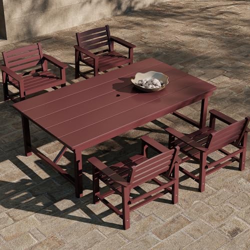 Outdoor HDPE Dining Set 5 Pieces, Patio Table with Umbrella Hole and 4 Chairs, All Weather Patio Furniture for Lawn, Garden, Backyard, Deck, Poolside, Outdoor Dining Table and Chairs, Coffee - color: Coffee, size: 5-Piece (1 Table + 4 Chairs)