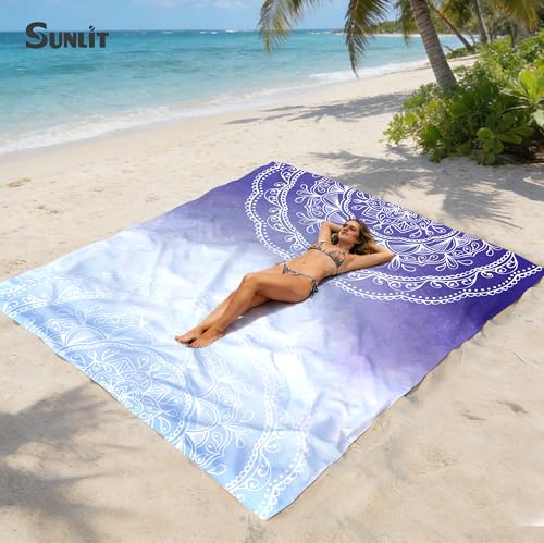 Sunlit Silky Soft Sand Proof Beach Blanket 106"x81" / 85"x72" Sand Proof Mat with Corner Pockets and Mesh Bag for Beach Party, Travel, Camping and Outdoor Music Festival, Mandala - color: Blue Violet, size: 106"x81"
