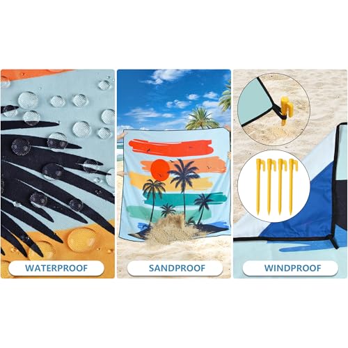 HIHOHO Beach Blanket Waterproof Sandproof Extra Large Beach Mat 79" X 83"/120"x108"for 1-8 Adults Quick Drying Durable Outdoor Picnic Mat for Beach Travel Camping Hiking - color: Coconut Tree - Rainbow - Light Blue, size: 79" X 83"（1~3 person）