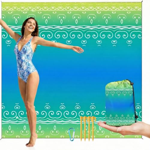Oversized Beach Blanket (79" x 79") - Sandproof & Waterproof Outdoor Picnic Mat for 4-7 Adults - Lightweight, Foldable & Portable Ground Cover for Travel, Camping, Festivals - color: Blue Lime Ripple
