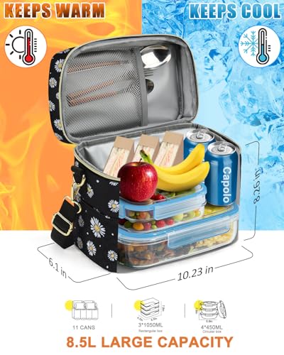 Capolo Lunch Box for Women Men Adults,Insulated Lunch Bag Leakproof Lunch Cooler Box with Removable Strap Cute Lunch Tote Bags Reusable Thermal Lunchbox for Work Picnic(Small,Black Flower) - color: Black Flower, size: Small