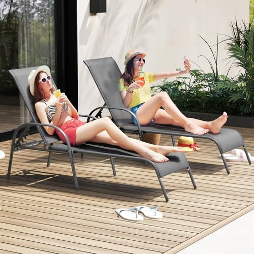 Giantex 2 Pack Patio Lounge Chair, Outdoor Chaise Lounge with 5 Adjustable Backrest, Sturdy Steel Frame, Sunbathing Recliner, Tanning Chair for Beach, Outside, Yard, Balcony, Pool Chairs (2,Dark Gray) - color: Dark Gray