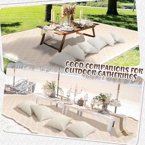 Beeveer Extra Large Outdoor Boho Picnic Blanket 118'' x 71'' Beige White Table Runner 6 Throw Pillow Cover Woven Cotton Yarn Oversize Beach Blanket Washable for Picnic Camp Wedding - color: Beige White, size: Fit 8-10 People 118'' X 71''