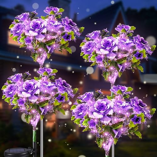 Neporal Solar Garden Lights, 4PK Dusk to Dawn Purple Carnation Solar Flowers Outdoor Waterproof for Garden Decor - size: 4PK Purple