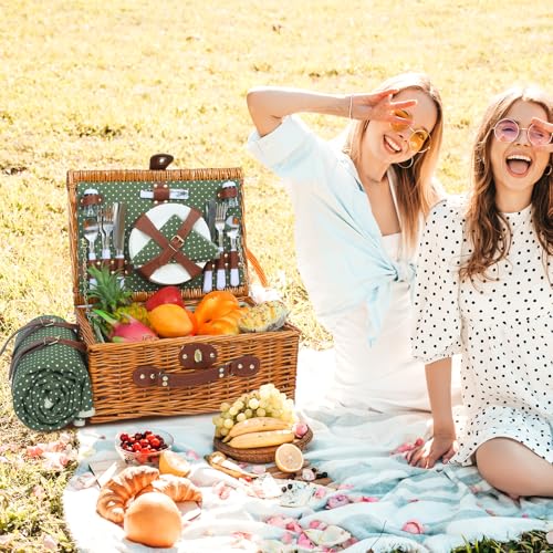Picnic Basket for 4 Persons with Waterproof Picnic Blanket and Insulated Cooler, Large Wicker Picnic Basket for Camping, Outdoors, Valentine's Day, Christmas, Birthday, Wedding Gift - color: Green & White Spots
