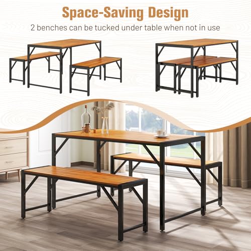 Tangkula 3 Pieces Patio Dining Set for 6 People, Outdoor Picnic Table & 2 Benches, 53” Acacia Wood Dining Table w/Metal Frame, Space-Saving Dinette Set for Garden Porch Poolside Yard Balcony