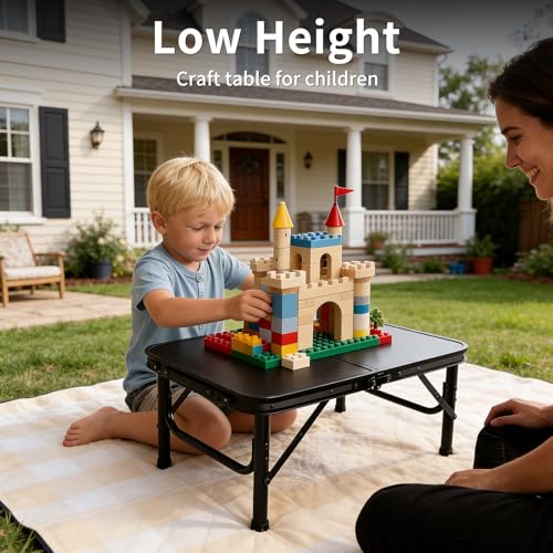 2FT Small Camping Portable Table, Black Aluminum Frame, Adjustable Height up to 21", Lightweight Carry Handle, Portable for Travel, Camping Outdoor Use - size: 2 ft × 1.3 ft × 1.78 ft H