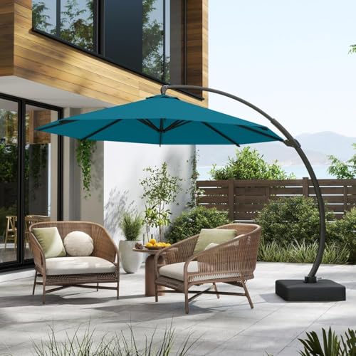 11FT Cantilever Umbrella with Base Large Curvy Outdoor Aluminum Offset Umbrella w/ 360° Rotation, UV Resistant Canopy for Patio, Garden, Backyard, Lake Blue - color: Lake Blue, size: 11FT