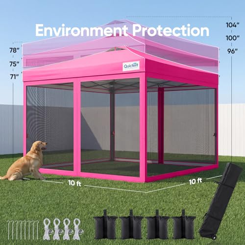 Quictent 10x10 Pop up Canopy Tent with Netting, Auto-Close Magnetic Doors, One Person Instant Setup Screen House Room Tent Screened Waterproof - color: Pink, size: 10'x10'