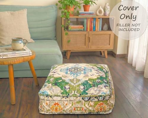 Mandala Life ART Moroccan Pouf Ottoman Cover Green Square Meditation Pillow Case Boho Room Décor Moroccan Seating Area Perfect for Living Room, Bedroom, Nursary or Children Room Cotton 24x8 Unstuffed - color: Green