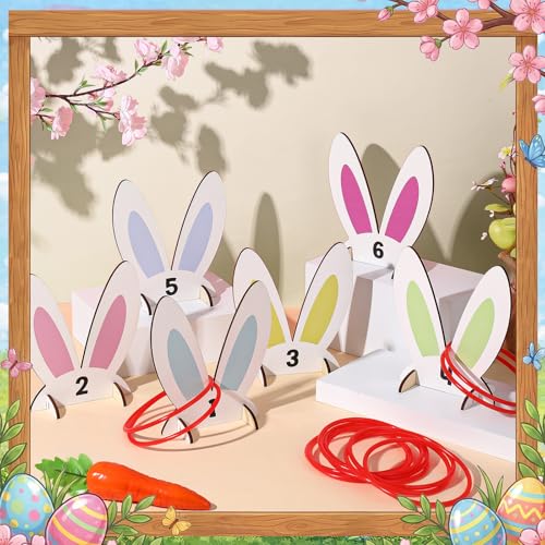 Sanwuta 38 Pcs Easter Ring Toss Games for Kids Easter Party Game 6 Bunny Ear Wooden Number Targets and 20 Toss Rings for Indoor Outdoor Family Spring Carnival Party Favor Yard Activities Decoration