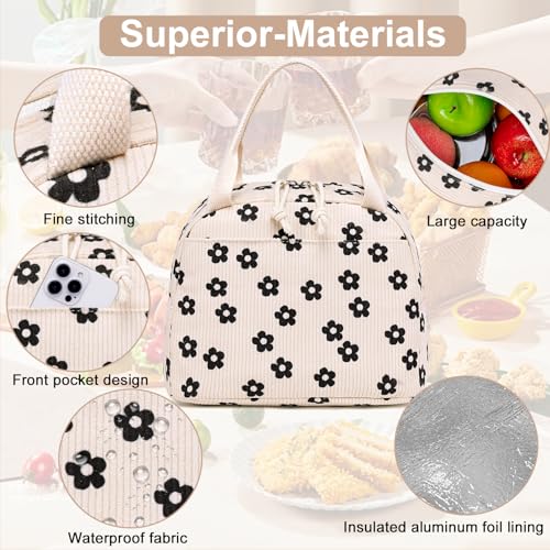 LEDAOU Lunch Box for Women Insulated Lunch Bag Corduroy Lunch Tote Bags Leakproof Cooler Lunch Case for Travel Work Picnic (Black Floral) - color: Black Floral