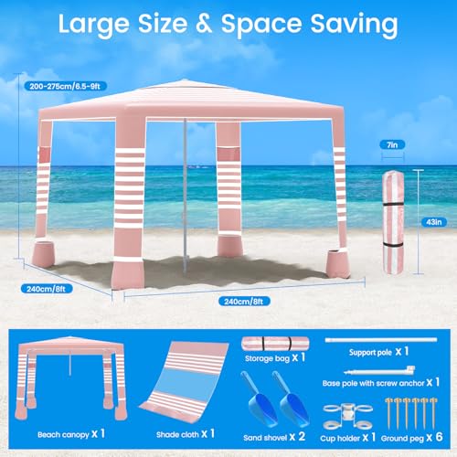 MoKo Beach Cabana, 8'×8' Large Beach Canopy with Side Wall, UPF 50+ Protection Easy Setup Beach Tent Sun Shelter, Adjustable Height Wind Resistant Cabana Beach Tent for Whole Family, Pink Stripe - color: Pink Stripe