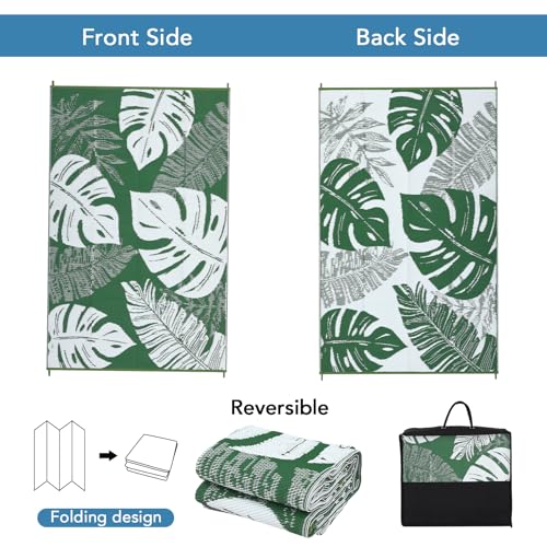 GarveeLife Outdoor Patio Rug 9x12 Waterproof Outdoor Plastic Straw Rug, UV Resistant Reversible RV Camping Mat with Portable Bag & 4 Stakes, Modern Carpet for Balcony Deck Yard, Green - color: Leaf|green&white, size: 9' x 12' (Rectangular)