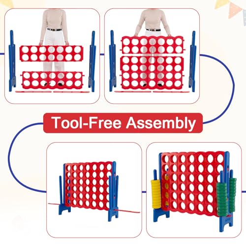 COSTWAY Giant 4-in-a-Row Game Set, Jumbo 4-to-Score for Kids and Adults with 42 Jumbo Rings & Quick-Release Slider, Indoor Outdoor Yard Party Game for Lawn, Holiday Party & Family (Red & Blue) - color: Red & Blue