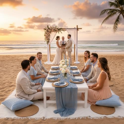 Beeveer 91 x 71 Extra Large Outdoor Boho Picnic Blanket with Gray Blue Table Runner, 6 Throw Pillow Covers 6 Napkins Woven Cotton Yarn Oversize Beach Blanket Washable Picnic Camp Wedding - color: Gray Blue