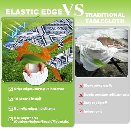 Fitted Picnic Table Cover with Bench Covers Waterproof Elastic Edges Rectangle Patio Tablecloth Outdoor Camping Essentials Stuff Rv Accessories Summer Trip Travel Camper Gifts for Woman Men, 72in 6 ft - color: Blue Diamond, size: 72in