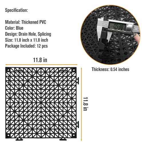 12 Pcs Drainage Mat Modular Interlocking Cushion 11.8" x 11.8" Garage Floor Tiles Non-Slip Splicing Rubber Floor Tiles for Drain, Deck, Pool, Outdoor/Indoor (Black) - size: 11.8" x11.8" Black
