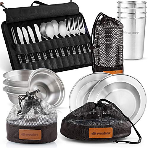 Wealers Unique Complete Messware Kit Polished Stainless Steel Dishes Set| Tableware| Dinnerware| Camping| Buffet| Includes - Cups | Plates| Bowls| Cutlery| Comes in Mesh Bags (4 Person Set) - color: Black