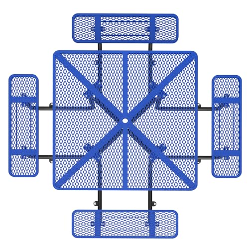 46" Square Metal Picnic Tables for Outdoors with Umbrella Hole - Coated Steel Heavy Duty Commercial Grade Table with Seats, Patio Furniture Set for a Lifetime, Blue - color: Blue-square