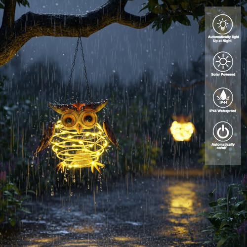 2 Pack Owl Solar Lights Outdoor Hanging Lantern with Handle, Solar Powered Owl Garden Decor for Outside Patio Yard Porch Pathway Owl Gifts for Women (Warm White LED Lights) - color: Brown-Owl