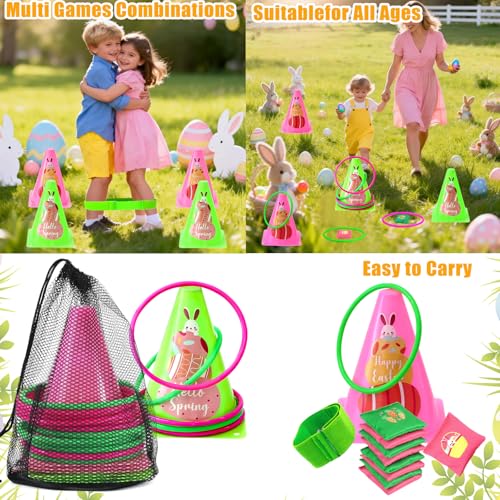 4 in 1 Easter Outdoor Games for Kids and Family, Easter Party Game with Ring Toss, Plastic Cones, Bean Bags, 3-Legged Race Bands, Carnival Spring Games Activities Combo Set for Adult Yard Classroom - color: Easter Green - Sticker