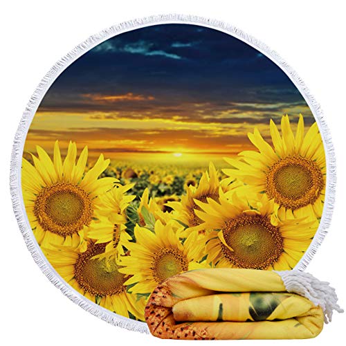 Violet Mist Sunflower Round Beach Blanket 60" x 60" Soft Microfibre Circular Beach Towel Throw with Fringe Large Sand Free Circle Beach Blanket with Tassels for Women Travel Swimming Pool Picnic Towel - color: Sunflower