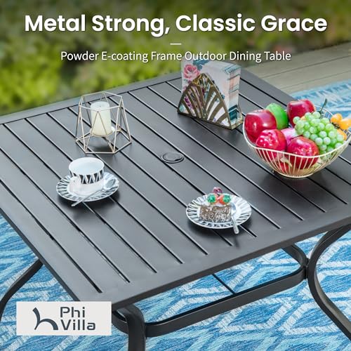 PHI VILLA 5 Pieces Outdoor Dining Set for 4, 37” Black Square Wrought Iron Table with Umbrella Hole & Stackable Chairs, Outside Metal Furniture for Patio, Deck, Yard, Porch - color: Hexagon Back Chair, size: 5pcs-37" Steel Table