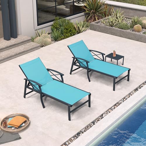 PURPLE LEAF Oversized Chaise Lounge Chair Outdoor Set of 2 Extra Wide Pool Lounge Chairs 5 Adjustable Position with Armrests and Side Table Aluminum Patio Lounge Chair for Beach, Turquoise Blue - color: Turquoise Blue, size: Oversized