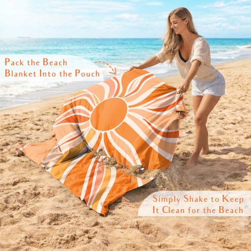 AlphaBeing Beach Blanket Waterproof Sandproof, Extra Large Beach Mat for 1–8 Adults, Oversized Picnic Blanket with 4 Stakes & Storage Bag, Essential Beach Gear for Travel - color: Sun, size: 120“×108”