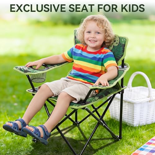 Huskfirm Padded Kids Camping Chair Folding Toddler Chair with Cup Holder & Safety Lock Portable Kids Beach Chair Ages 3-6 for Outdoor Camping Foldable Kids Chair Support 120lbs,Green Dinosaur - color: Green Dinosaur