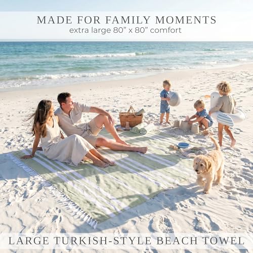ZICOTO Beautiful Extra Large Beach Blanket with Tassels - Soft Oversized Turkish-Style Beach Towel for Relaxing Beach Days with the Whole Family - Lightweight Quick-Dry Picnic Blanket for Adults - color: Sage