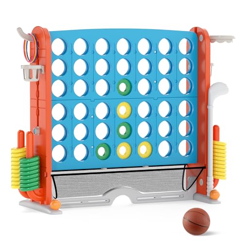 COSTWAY Giant 4-in-A-Row Connect Game Set, Height Adjust 4-to-Score Game with Mesh, Golf, Ring Toss Sets, Basketball & Cup Holders, Indoor Outdoor Yard Party Game for Kids Adults, Family (Blue) - color: Blue & Orange