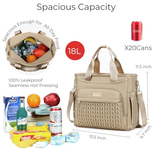 AIJIEKE Extra Large Lunch Bag for Women & Men, Insulated Leakproof Lunch Box for Work, Reusable Adult Lunch Tote with Shoulder Strap, Multi-Pocket Cooler Bag for Office, Picnic, Beach, Brown - color: Brown Taupe