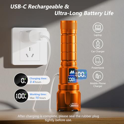 Wdtpro LED Rechargeable Flashlight 2 Pack, 3 Modes Super Bright High Lumens Flashlights, Zoomable Tactical Flash Light with LCD Display, IP65 Waterproof Flashlights for Home Emergency Camping - Orange - color: Orange