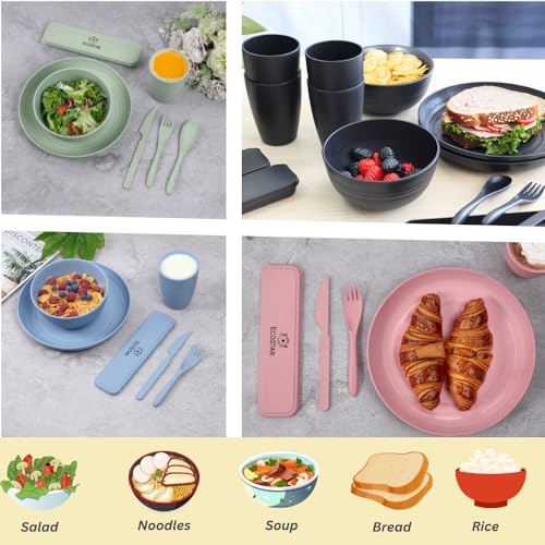 ECOSTAR Wheat Straw Dinnerware Sets Unbreakable Plates Bowls and Cups Reusable Utensils Dishwasher Microwave Safe Bowls and Plates Sets (Beige) - color: Beige