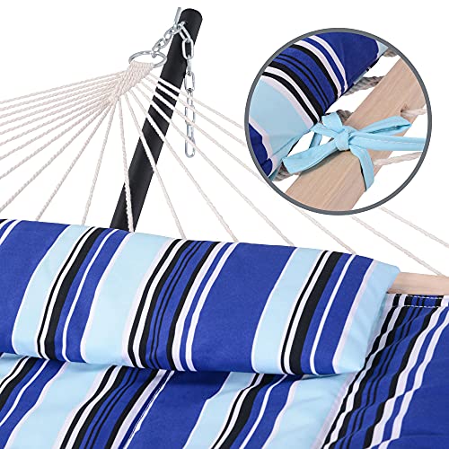 SUNCREAT 2 Person Hammock with Hardwood Spreader Bar, Outdoor Rope Hammock with Polyester Pad, 475 lbs Capacity, Blue Stripes - color: Blue Stripes
