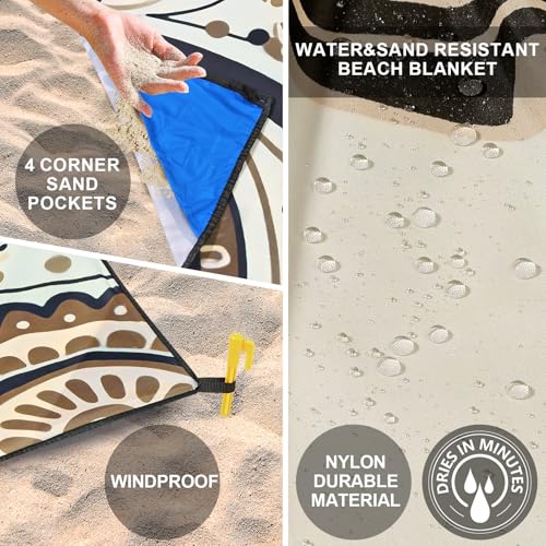 WIWIGO Beach Blanket Waterproof Sandproof Beach Mat 79" X 83"/10'x9'for 2-8 Adults Quick Drying Outdoor Picnic Mat Beach Accessories for Travel, Camping, Hiking - color: Beige Sea Turtle - Mandala, size: 79" X 83"（1-4person）