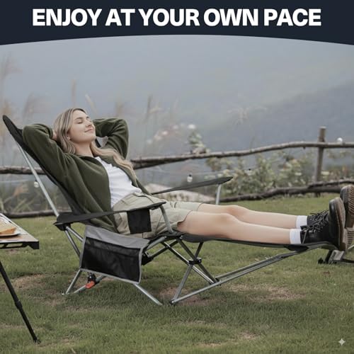 2-in-1 Reclining Camping Chair, Portable Folding Beach Lounge Chair with Footrest & Adjustable Backrest, Comfortable Lawn Chair for Adults Heavy Duty with Cup Holder for Outdoor Poolside Sports - color: Black, size: 1 Pack