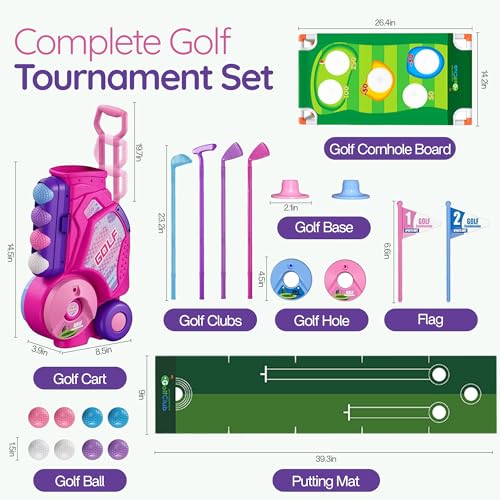 Toddler/Children Golf Set for Kids Ages 2,3,4,5 Years Old – Fun Indoor & Outdoor Golf Toy with Cart, 4 Clubs, 8 Balls & 2 Practice Holes – Sports Kit for Boys and Girls (Pink)
