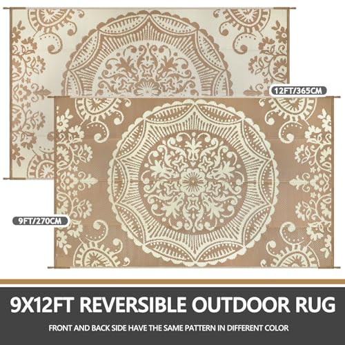 Capslpad Outdoor Rug 9x12 Patio Waterproof Boho Floral Plastic Straw Rug Large Foldable Vintage Outside Carpet with Carry Bag for RV Backyard Balcony Bench Picnic Porch, Beige - color: Light Beige, size: 9' x 12' (Rectangular)