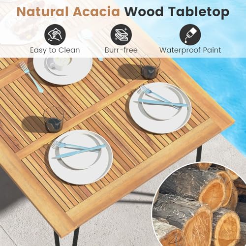 Tangkula 63" Large Patio Dining Table for 6, Acacia Wood 6-Person Dining Table with 2" Umbrella Hole & Metal Legs & Adjustable Foot Pads, Rectangular Outside Table for Garden, Poolside & Backyard - size: 63"