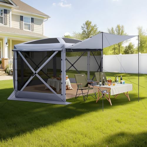 VEVOR Pop up Gazebo Screen Tent, 12 x 12 ft Large 6-Sided Camping Canopy Tent with Removable Top & Carry Bag, Quick-Set & Bite-Proof, Screen House Sun Shelter for 8-10 Persons Backyard Patio, Grey - color: Gray, size: 12 x 12ft