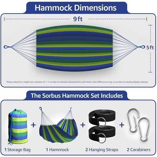 Sorbus Brazilian Double Hammock - Extra-Long 2 Person Portable Hammock Bed for Indoor or Outdoor Spaces - Hanging Rope, Carrying Pouch Included (Blue/Green Stripes) - color: Blue/Green Stripes
