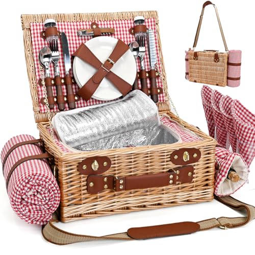 Picnic Basket with Blanket and Wine Pouch for 4, Wicker Picnic Set with Insulated Liner Cooler Bag Hamper for Camping,Wedding - Red Gingham - color: Red Gingham With Blanket for 4