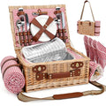 Picnic Basket with Blanket and Wine Pouch for 4, Wicker Picnic Set with Insulated Liner Cooler Bag Hamper for Camping,Wedding - Red Gingham - color: Red Gingham With Blanket for 4