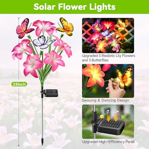 Ahaorigin Solar Garden Lights Outdoor，8 Pack Solar Lily Flowers Outdoor, 7 Color 64 LEDS Solar Flower Lights with Butterfly, IP65 Waterproof Adjustable Stems for Garden Yard Patio Decor - size: Lilies Flowers - 8pc